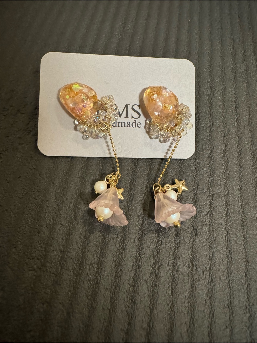Handmade Pink Floral Drop Earrings with Gold Chains